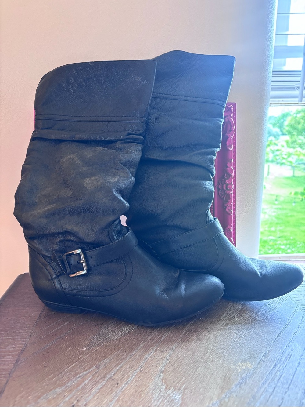 Black Mid-Calf Slouch Buckle Heeled Boots for Women